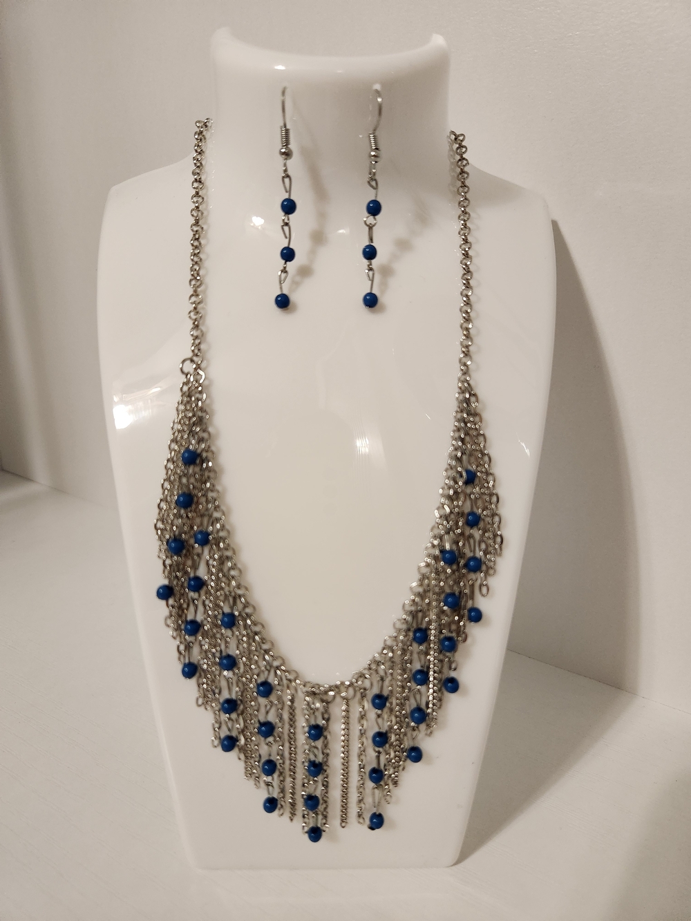 Silver Chain Fringe Necklace with Blue Bead Earrings